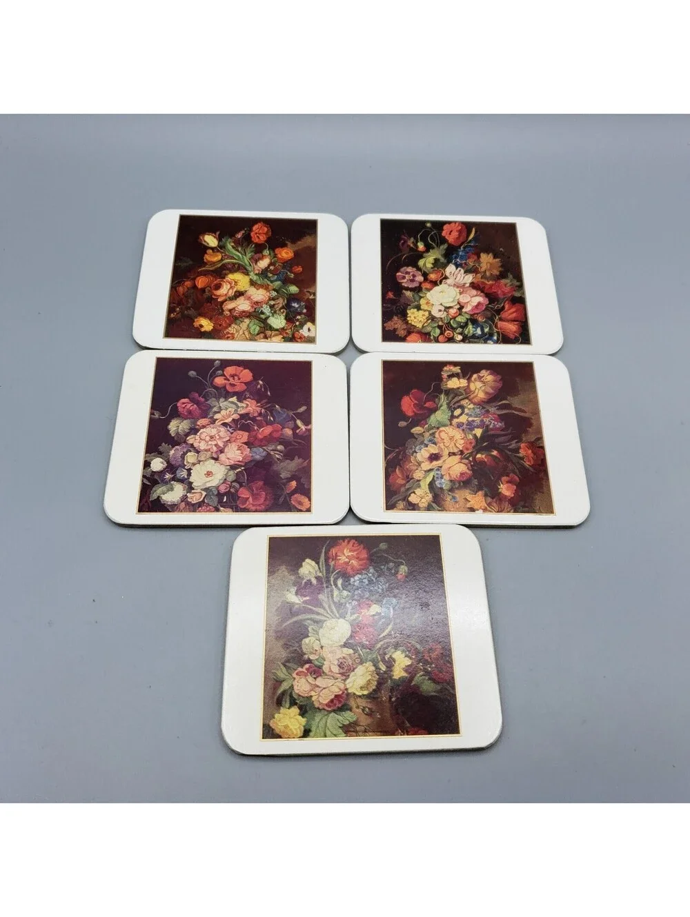 Vintage Paper Backed Coasters Antique Floral Arrangements Set of 5